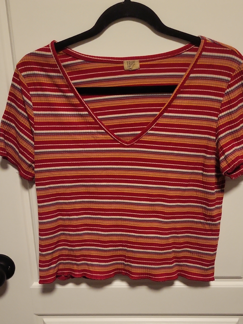 True Craft Red Multi-Stripe V-Neck Crop Top